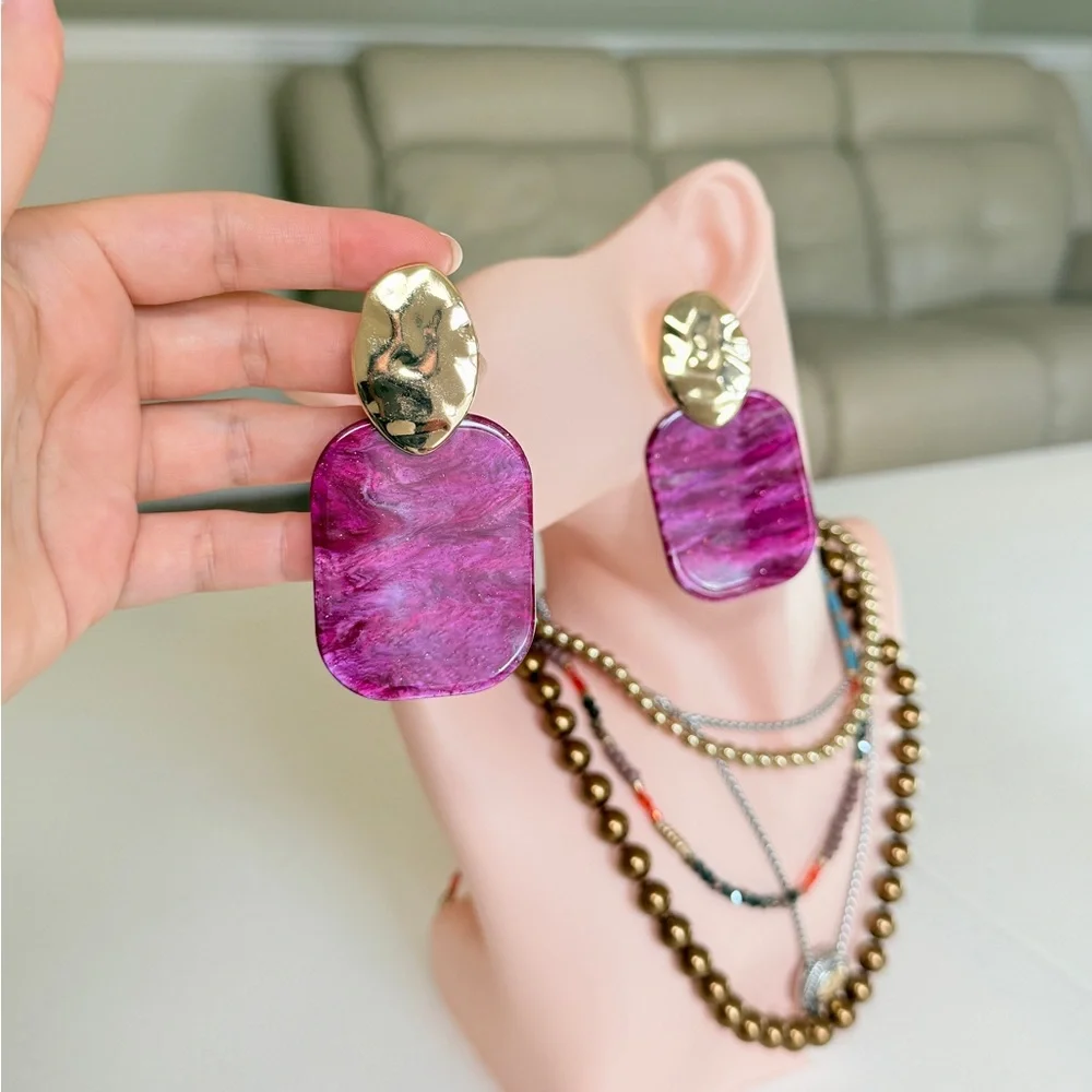 Gold & Pink Statement Drop Earrings - Fashion Jewelry